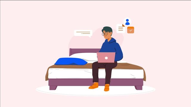 Young man sitting on bed using laptop for remote work tasks in this flat vector animation style digital motion video