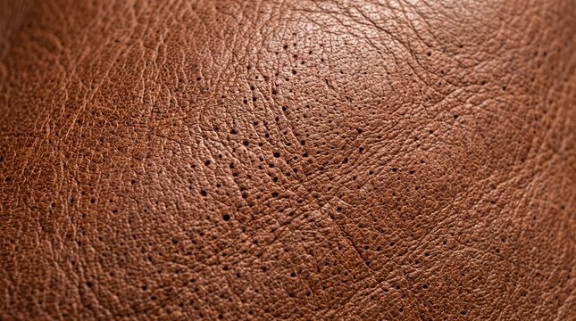 Macro photograph of brown full grain leather surface revealing microscopic natural pores