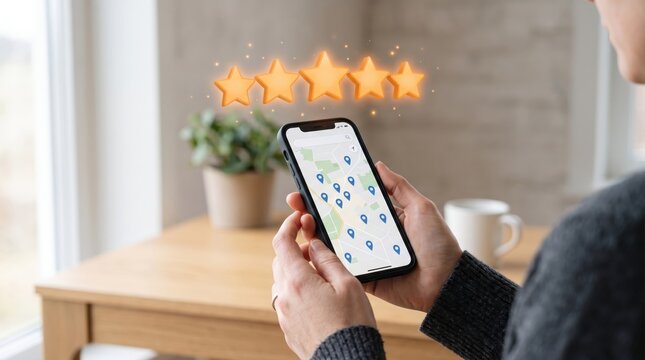 Person holding smartphone displaying navigation map application with location pins and five golden rating stars floating above, illustrating positive customer review, best service