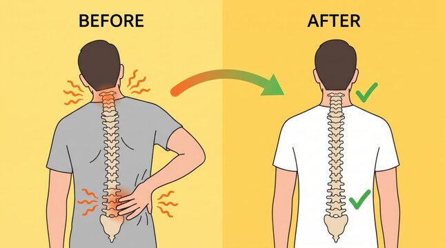 Medical illustration comparing human spine health before and after treatment, showing transition from painful back posture with red inflammation zones to correct straight