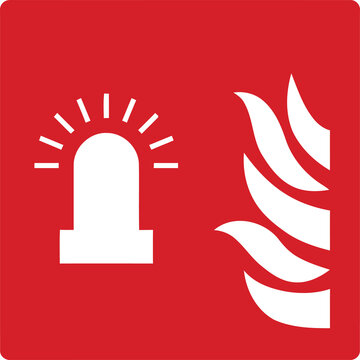 Red minimalist fire alarm sign with white siren light and stylized burning flames, concept for emergency notification and hazard protection, ideal for safety signage and instruction manuals.