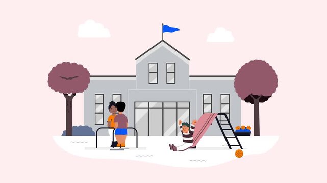 Happy children playing on playground equipment outside modern school building in colorful flat 2d animation video footage for education design