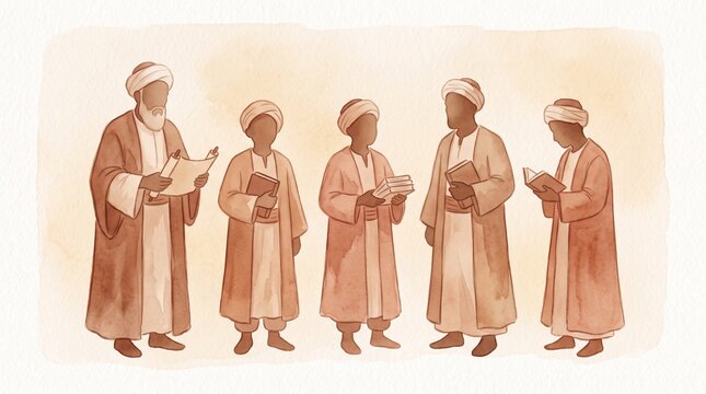 Watercolor illustration of five scholar silhouettes holding books, Islamic scholarship lineage