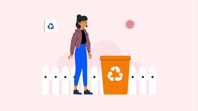 Young woman placing plastic bottle into bright orange recycling bin animation sequence showing eco friendly habits in this motion video