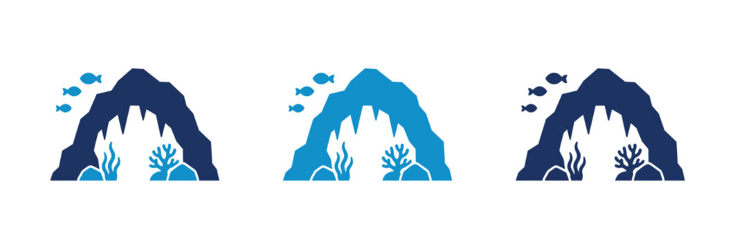 Underwater cave icons with coral reef and small fish swimming in blue shades.
