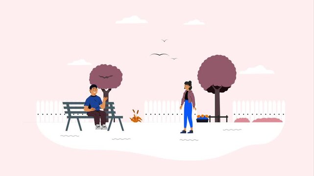 Happy young couple meeting in public park on sunny day showing casual friendly animation motion clip for creative digital projects