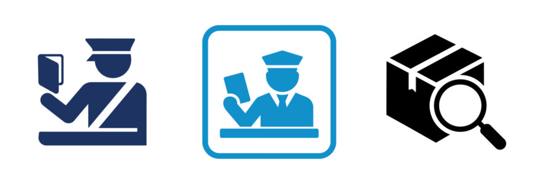 Customs officer passport control and package inspection icons set.