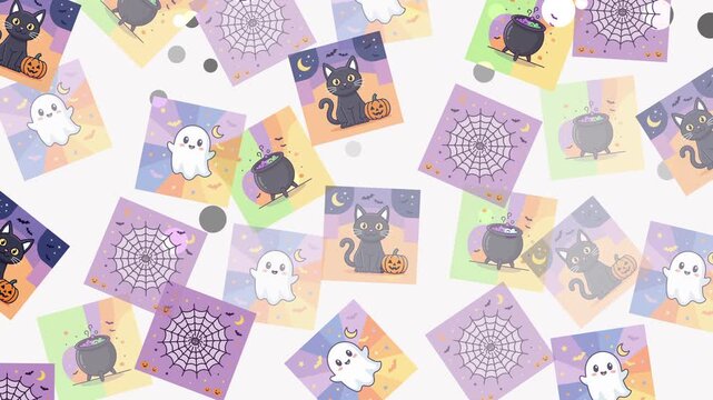 Playful lavender orange green and blue footage featuring Halloween 4 pattern animation with cats pumpkins ghosts cauldrons and spider web