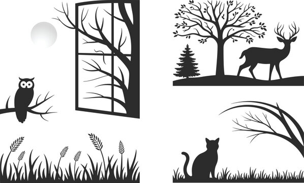 Nature silhouette vector set, owl moon window, deer in forest, wheat field, cat on branch, peaceful wildlife scene illustration