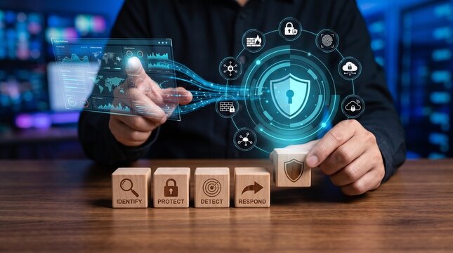Cybersecurity professional managing network security with digital interface and wooden blocks representing nist framework