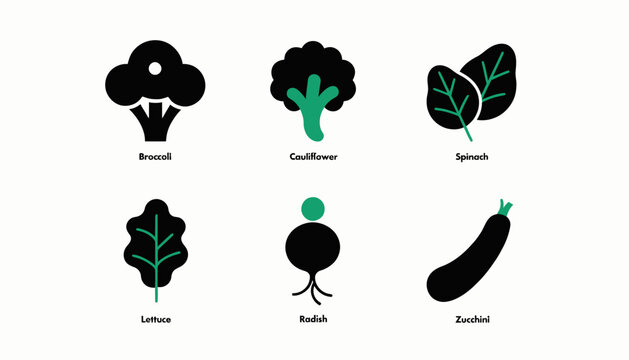 vegetable icons set, broccoli, cauliflower, sprout, lettuce, eggplant, zucchini