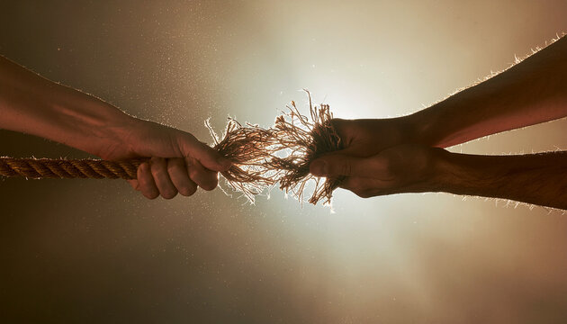 Two hands pulling apart a fraying rope representing conflict and tension
