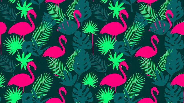Vibrant flamingo seamless pattern, tropical palm leaves background, pink birds and green jungle foliage wallpaper