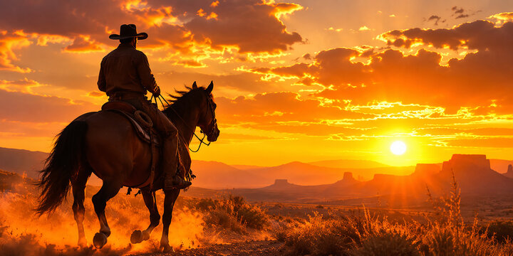 Lone Cowboy Riding Horse Into Sunset Over Desert Valley