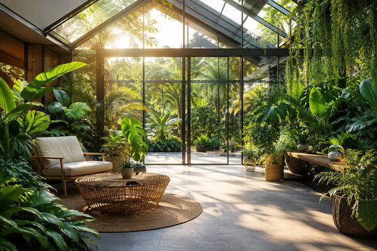 Modern Glass Greenhouse Conservatory Filled With Lush Green Tropical Plants
