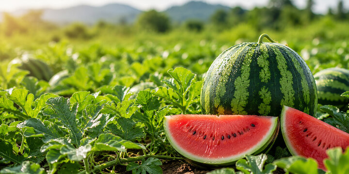 Fresh Juicy Watermelon Slices in Green Plantation Field