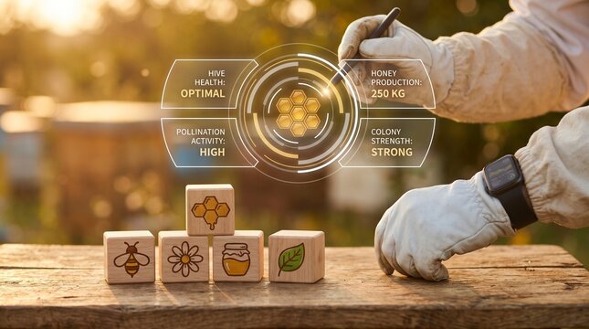 Beekeeper using digital interface to monitor hive health, honey production, pollination activity, and colony strength in apiary