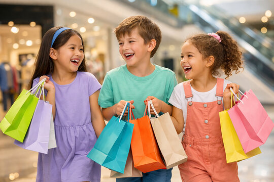 Happy Multiethnic Children Holding Colorful Shopping Bags in Mall