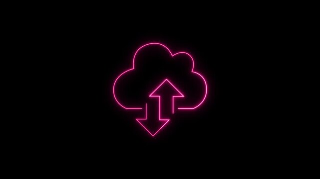 Glowing pink neon cloud with upload and download arrows animation on a black background, cloud storage, data transfer, or hosting service
