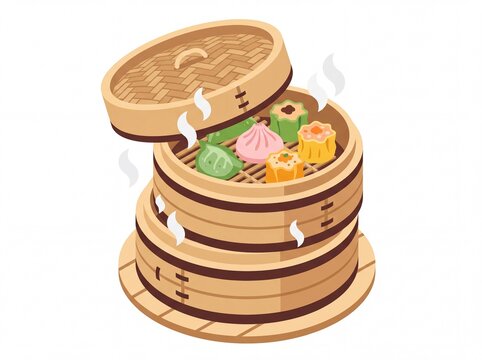 Traditional dim sum in stacked bamboo steamers illustration