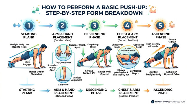 Step-by-Step Basic Push-Up Form Breakdown Infographic for Fitness and Exercise Training