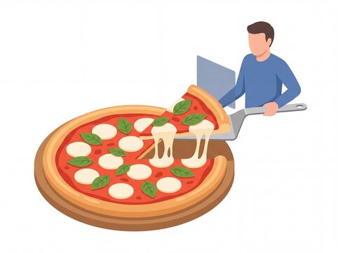 Man serving margherita pizza slice