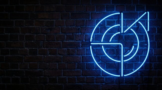 A glowing blue neon target symbol mounted on a dark brick wall radiates futuristic energy and draws immediate visual attention with its sharp geometric lines and luminous glow against