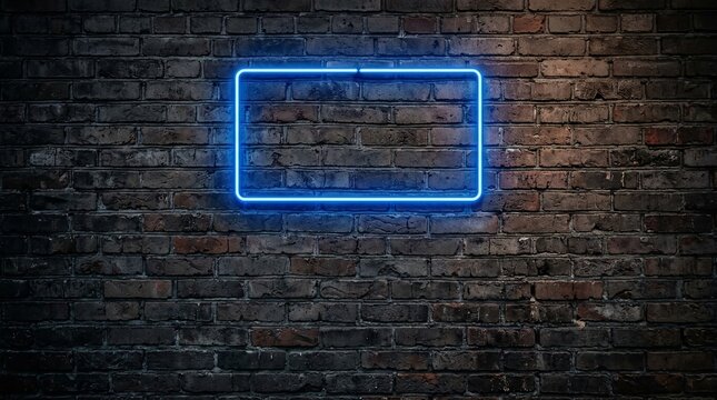 A glowing blue neon rectangle illuminates the textured surface of an aged brick wall, casting a cool ambient light that contrasts with the rustic, weathered masonry surrounding it in a dimly lit