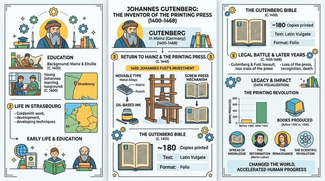 Johannes Gutenberg Life and Printing Press Invention History Educational Infographic