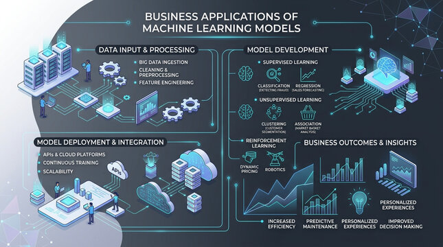 Isometric Infographic of Business Applications of Machine Learning Models and Data Science Workflow