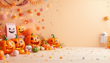 Fototapeta premium Cute Spooky Halloween Party Banner with Orange Garlands Paper Bags Pumpkins and Candy Treats