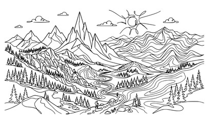 Fototapeta premium Modern Mountain Peaks Nature Landscape Continuous Line Art Background Vector