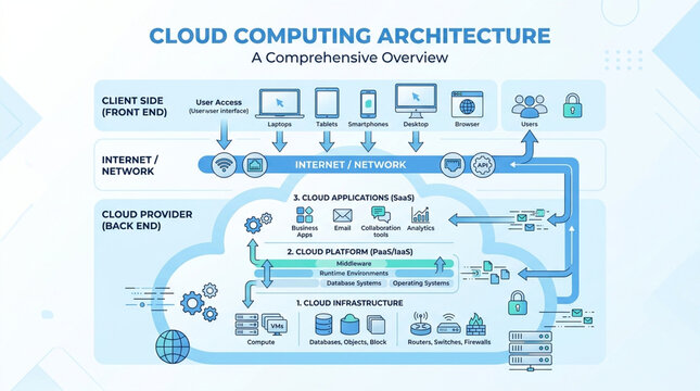 Comprehensive Cloud Computing Architecture Infographic with IaaS PaaS and SaaS Layers