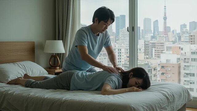 東京タワーと高層ビル群を望むベッドルームでマッサージをする男性