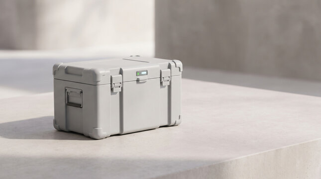 Minimalist light gray plastic cooler box mockup on beige concrete pedestal with soft daylight shadows