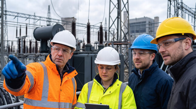 engineers pointing at power plant equipment electrical substation inspection industrial safety team collaboration energy infrastructure technical maintenance professional technicians