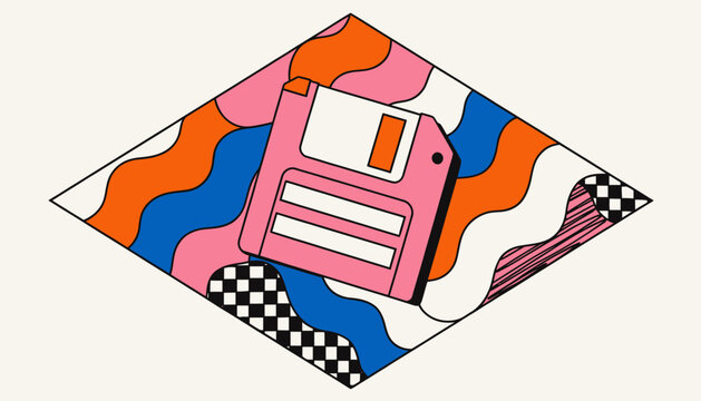 vintage pink floppy disk on colorful abstract background