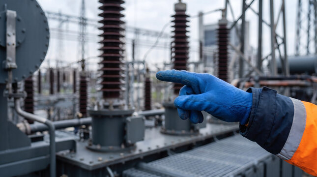 engineer in hard hat pointing at electrical substation equipment power plant infrastructure inspection industrial safety energy grid maintenance professional technician high voltage transformers indus