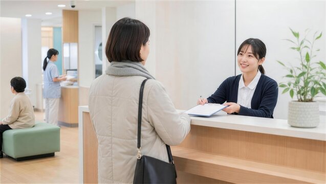 医療受付で相談する来院者