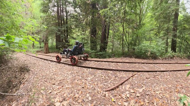 Mature couple enjoys riding an electric railbike over old railroad tracks in a forest of redwood trees near Mendocino.
