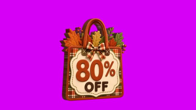80 Percent Off Autumn Shopping Bag 3D Sale Badge Animation