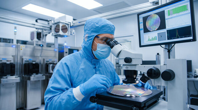 close up of skilled engineer inspecting microelectronic silicon wafer in smart factory semiconductor substrate quality control futuristic foundry technology precision manufacturing ai driven chip prod