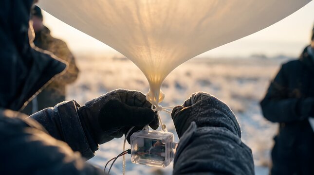 Meteorologist preparing weather balloon launch in winter field