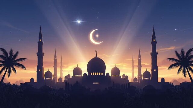 Mosque silhouette at sunset under a glowing crescent moon and starry sky