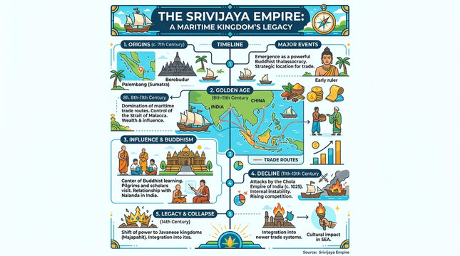 Srivijaya Empire History Infographic: Maritime Kingdom Legacy and Timeline Illustration