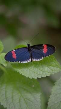 Heliconius erato longwing butterfly with red and blue wings resting on a lush green leaf