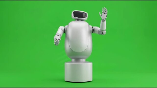 White futuristic robot waving hand and greeting on green screen chroma