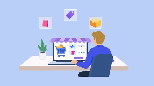 Animated ecommerce scene showing a person managing an online store dashboard with product, shopping, and package icons, representing digital retail, online sales, and commerce.