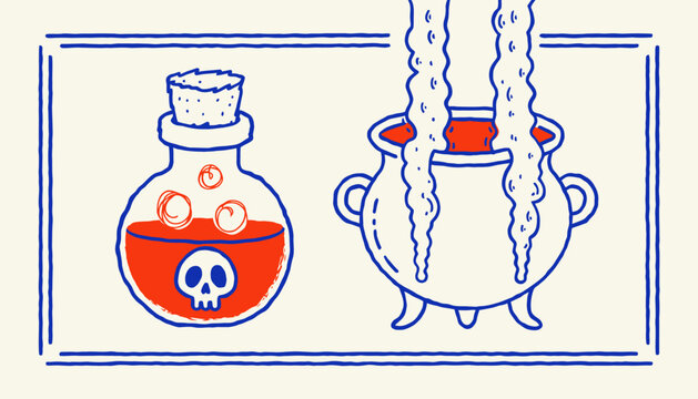 Witch's Brew Cauldron and Poison Potion Bottle with Skull, Isolated