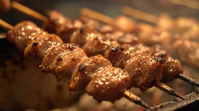 Appetizing Close-up of Juicy Meat Skewers Grilling Over Hot Charcoal on a Barbecue, Showing Delicious Browning and Glaze for Street Food or Restaurant Menu.